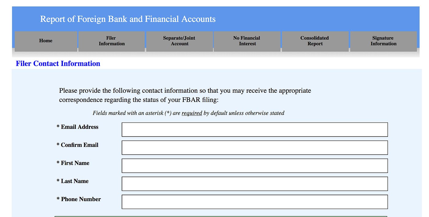 Contact info section on the FinCEN form 114 / US Department of Treasury