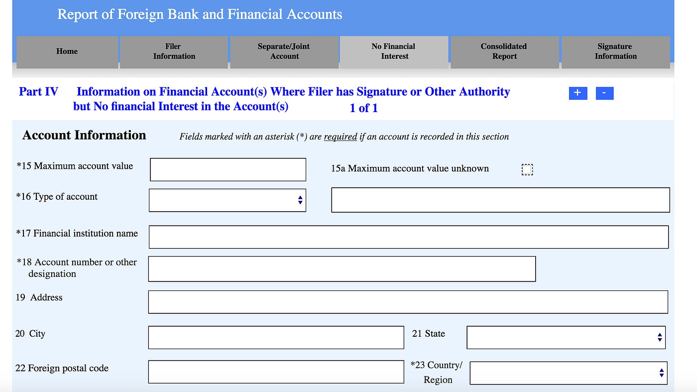 Financial account info on the FinCEN form 114 / US Department of Treasury