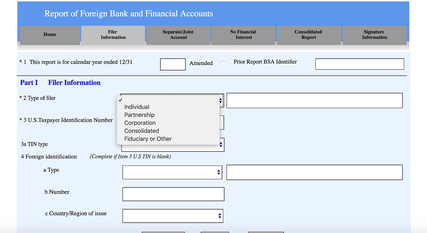 Part 1 on the FinCEN form 114 / US Department of Treasury