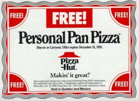 A coupon for a personal pan pizza from Pizza Hut offered 2012 and 2013 / Pizza Coupon Codes